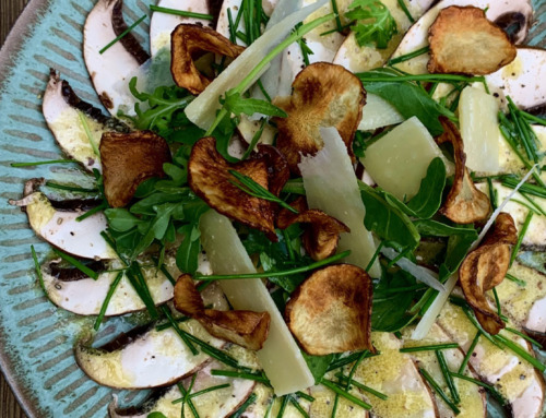 Portobello Carpaccio med parmesan, citron, purløg  og jordskokkechips